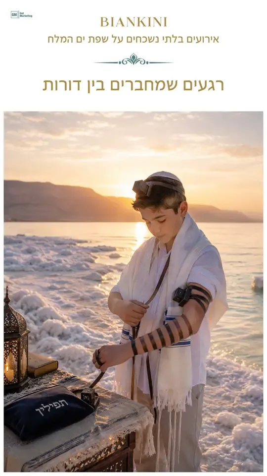 סטורי של ביאנקיני: נער מניח תפילין על שפת ים המלח בשקיעה
